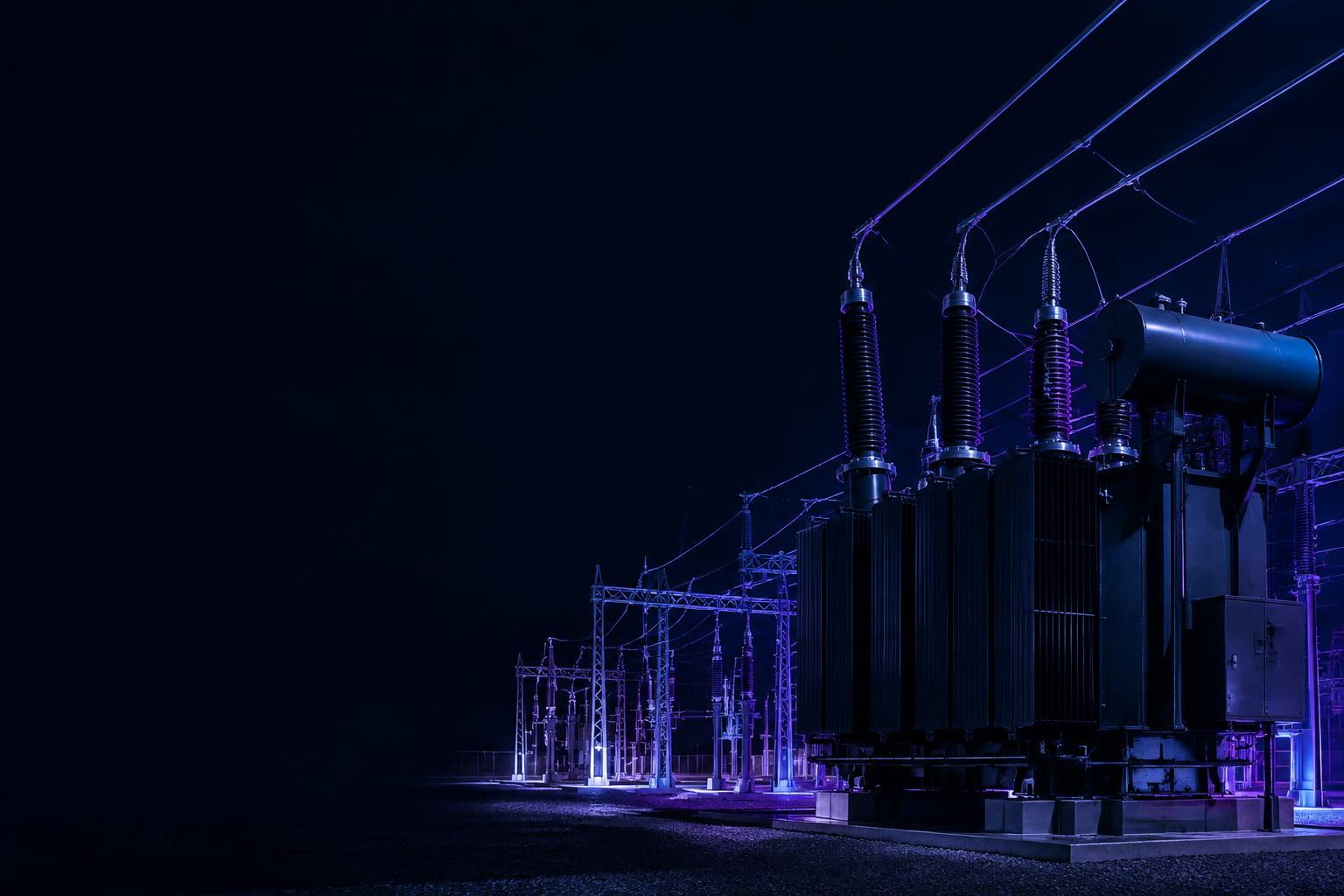 Electrical substation illuminated in violet at night